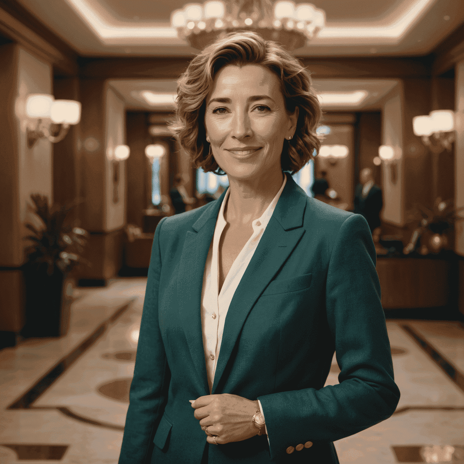 Portrait of Emma Thompson, a woman in her early 30s with curly brown hair and a warm smile, wearing a stylish blazer, standing in front of a luxury hotel lobby