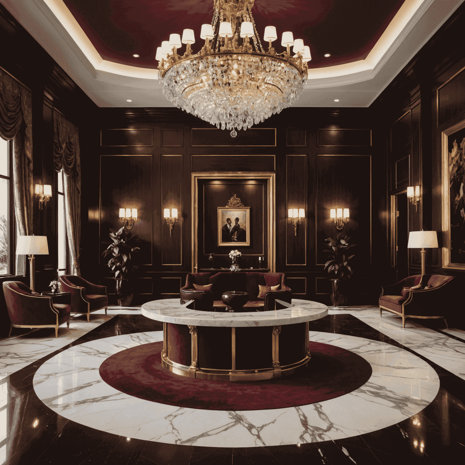 A luxurious hotel lobby with crystal chandeliers, marble floors, and plush velvet seating in deep burgundy. The reception desk is made of dark wood with gold accents.