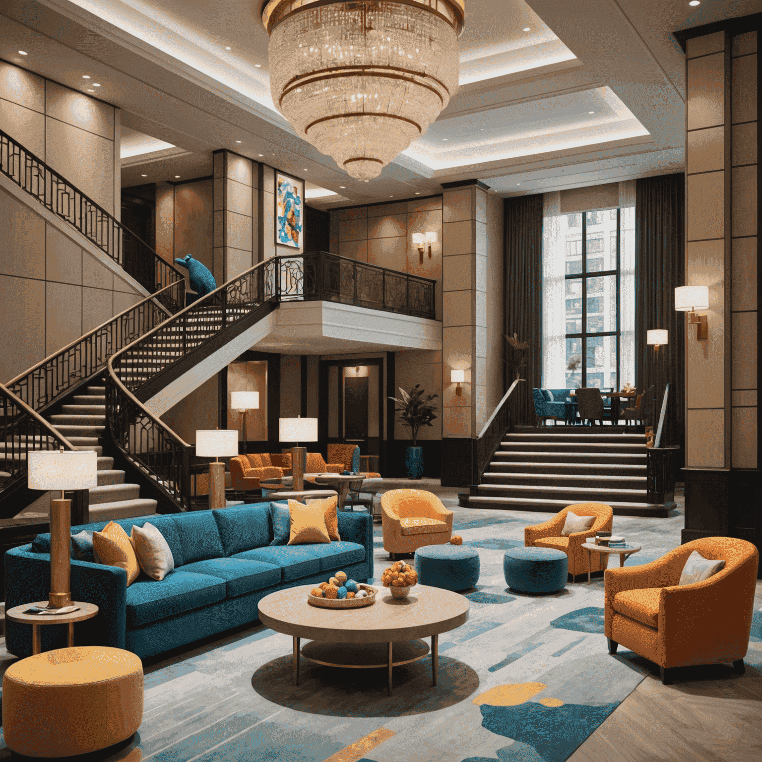 A luxurious family-friendly hotel lobby with a grand staircase, comfortable seating areas, and a playful kids' corner featuring colorful toys and interactive games