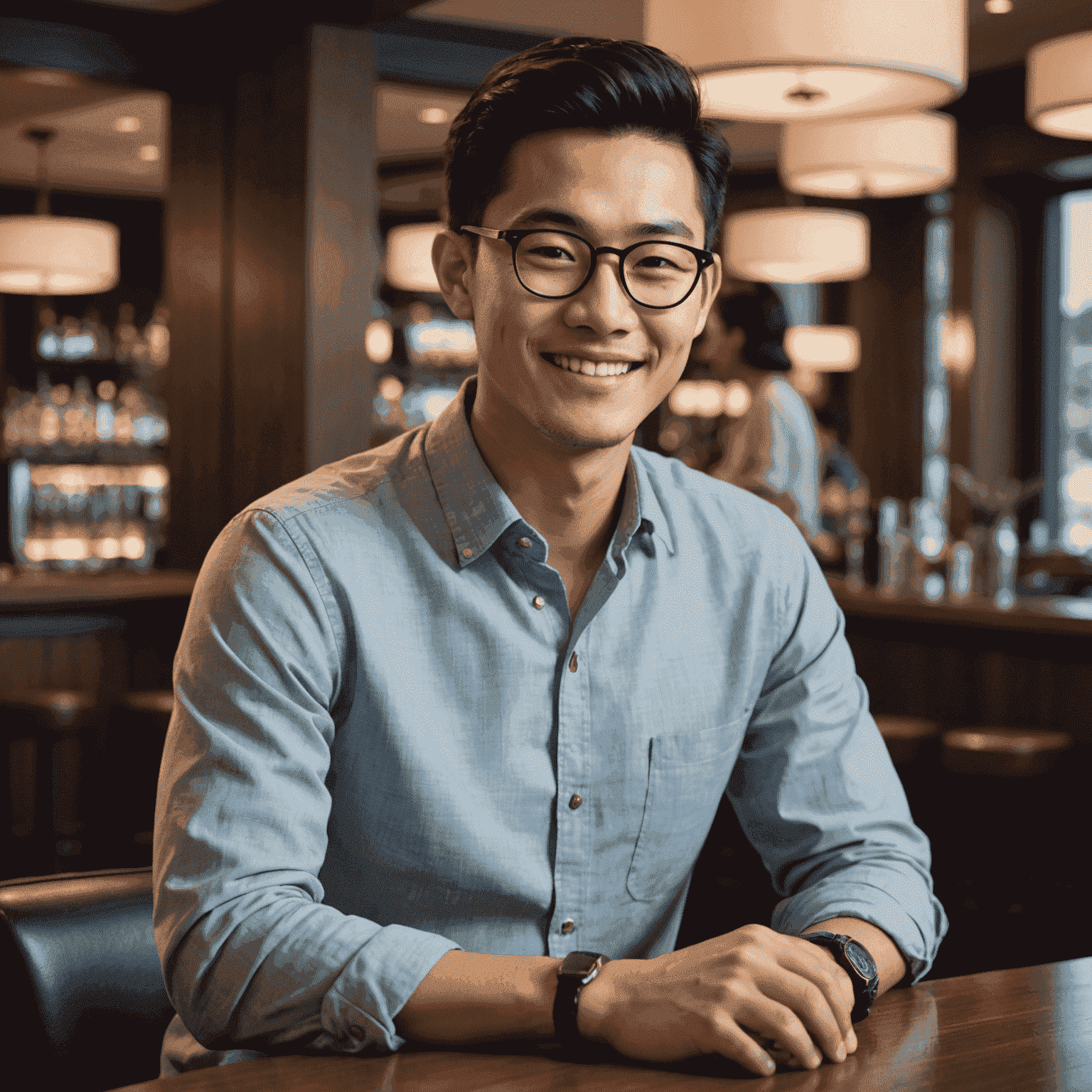 Portrait of Alex Chen, an Asian man in his late 20s with short black hair and glasses, smiling confidently, wearing a casual button-up shirt, seated at a modern hotel bar