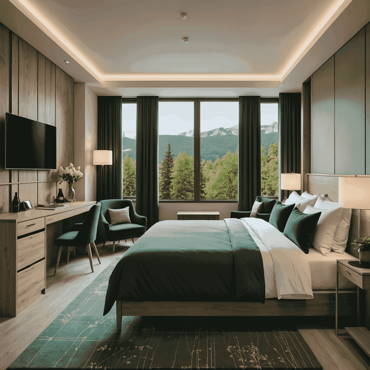 A cozy and modern budget hotel room with a comfortable double bed, clean lines, and pops of forest green in the decor. Large windows offer city views.