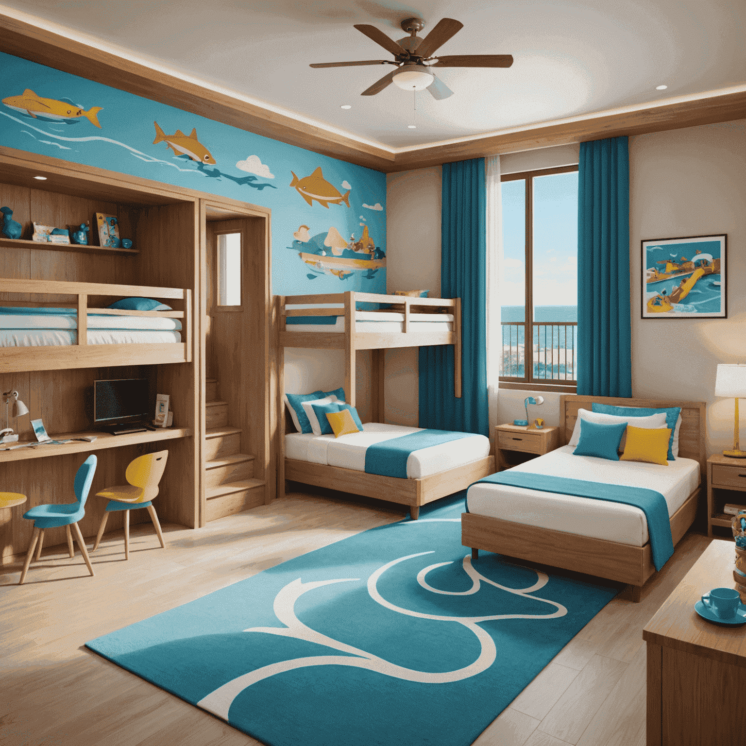 A spacious family suite with bunk beds for kids, a separate parents' area, and a balcony overlooking a water park