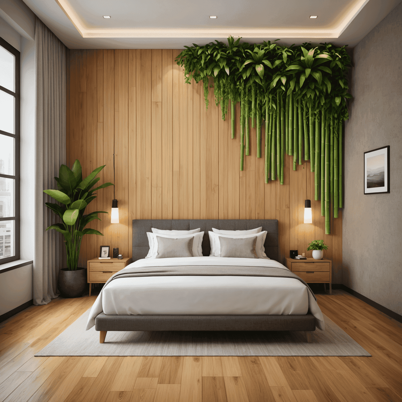 A modern hotel room interior with eco-friendly features such as bamboo flooring, organic cotton bedding, energy-efficient lighting, and a living plant wall.