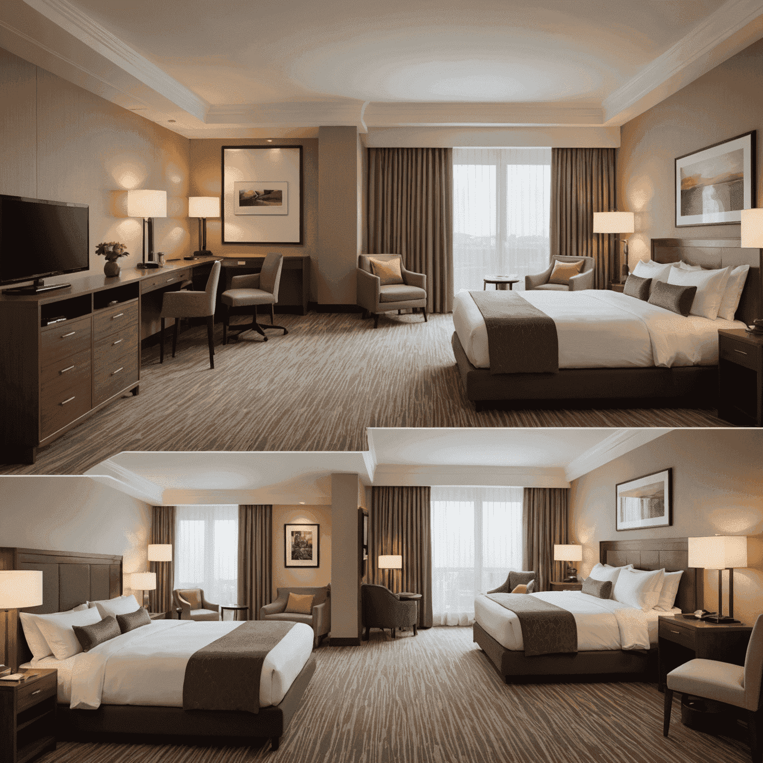 Montage of cozy, well-appointed hotel rooms and common areas that offer great value for money, showcasing clean designs and comfortable amenities