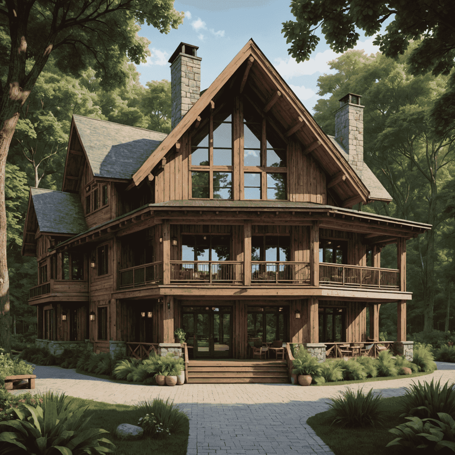 A rustic-chic hotel exterior with a wooden facade and large windows. Surrounded by lush forest, the hotel features a wrap-around porch with comfortable seating areas.