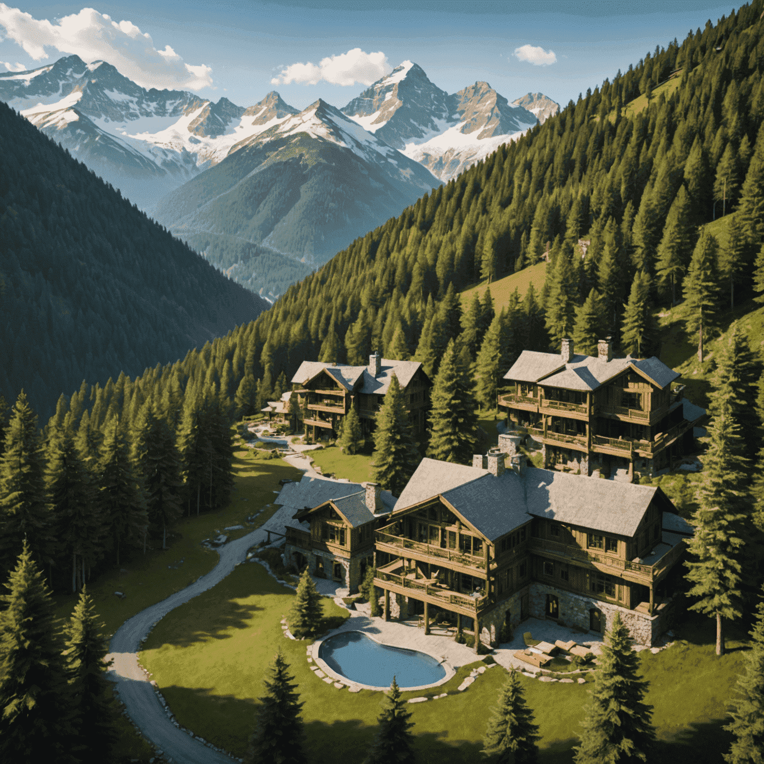 Aerial view of a secluded mountain resort surrounded by lush forests and snow-capped peaks, featuring rustic-luxe architecture