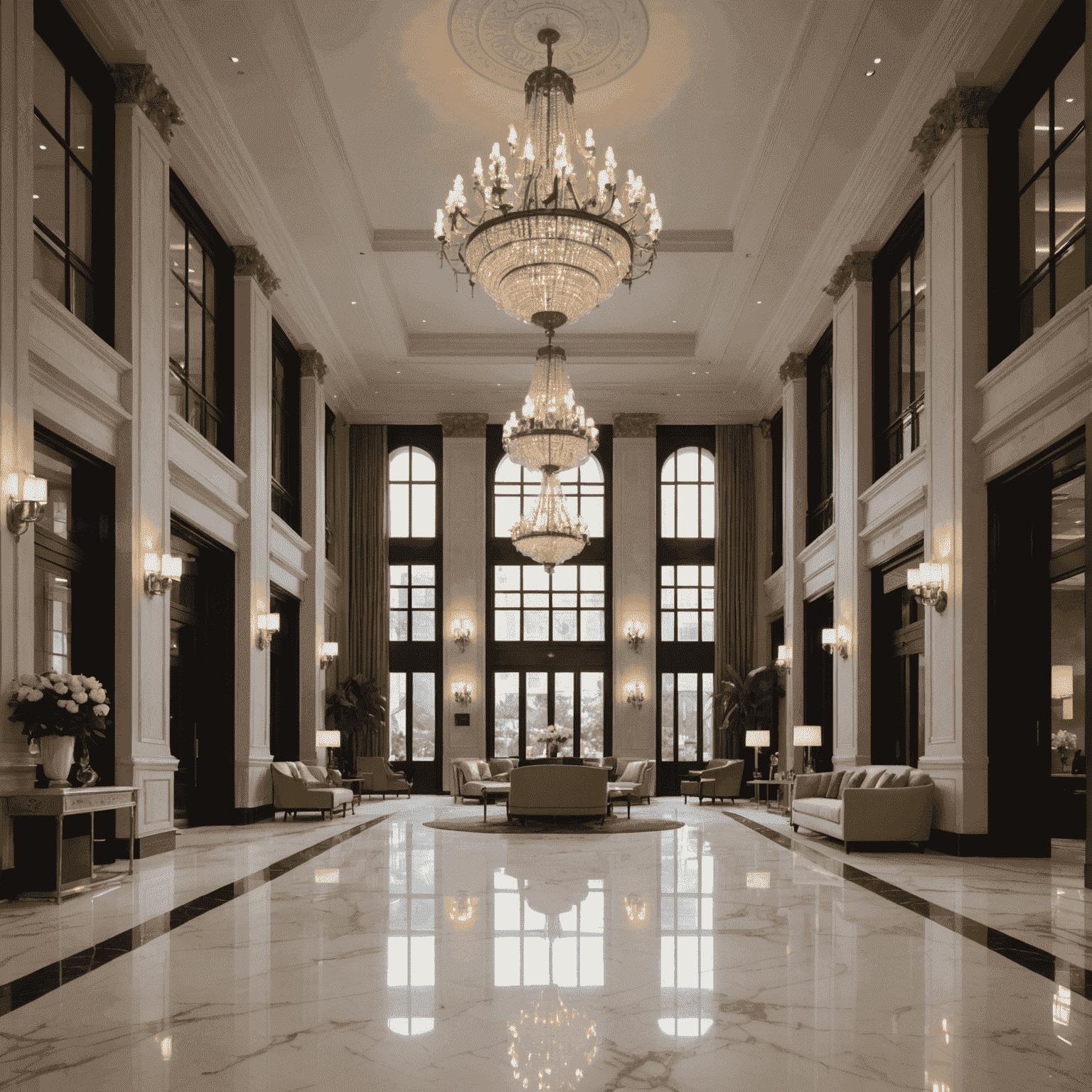 Elegant hotel lobby with high ceilings, featuring a grand chandelier, marble floors, and a mix of modern and classic furnishings